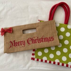 2 burlap gift bags one is mudpie wine holder colorful